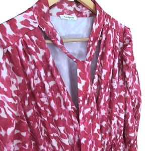 SundayUp dress surplice v-neck puff sleeve ruffle skirt side slit tie neck